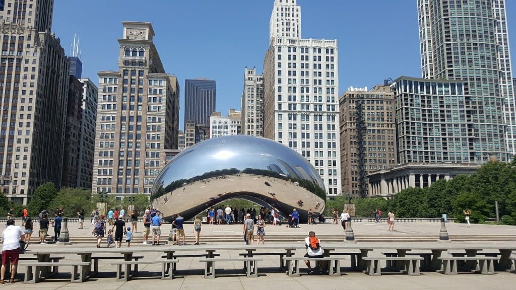 The Bean with the Chicago skyline in the background