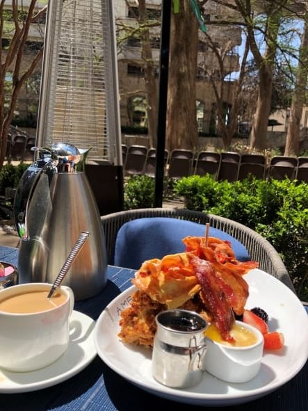 chicken and waffles at the Ambler restaurant overlooking the San Antonio River Walk