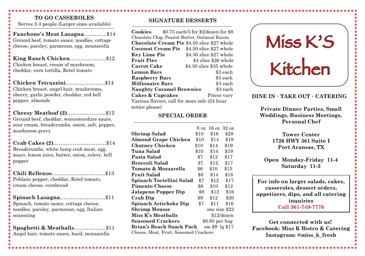 Miss K's menu in Port Aransas