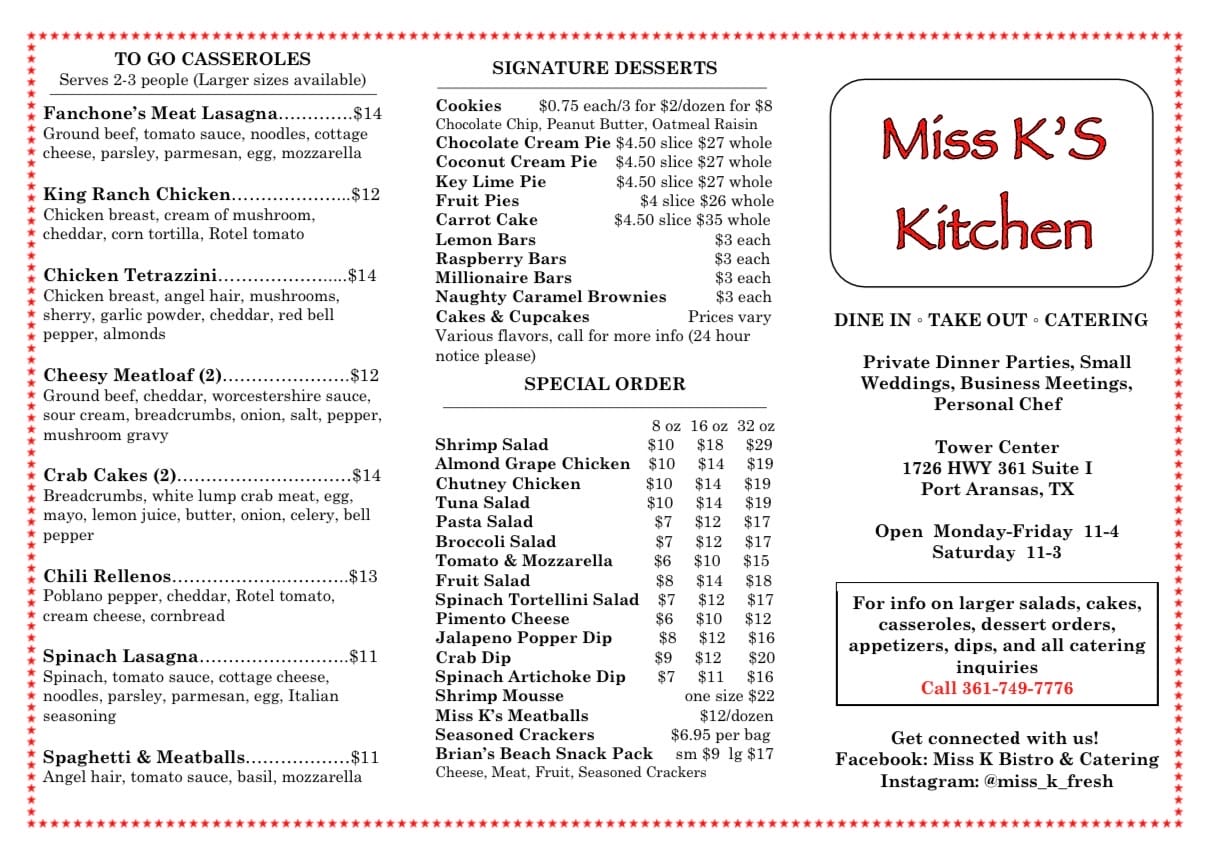 Miss K's menu