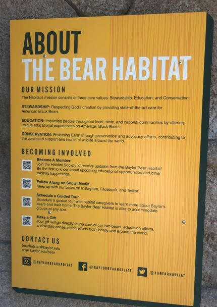 the bear habitat sign on Baylor campus in Waco, Texas