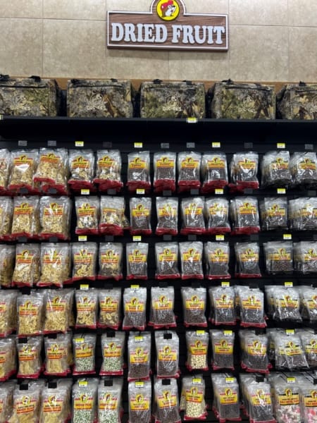 dried fruit wall at Buc-ees