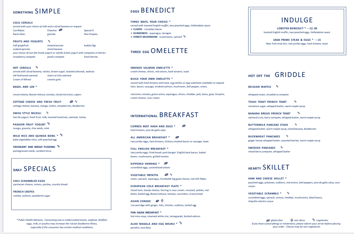 Main Dining Room breakfast menu