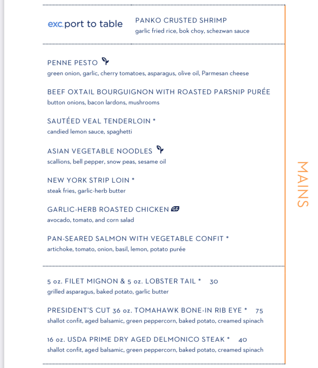 Main dining room ms Westerdam menu