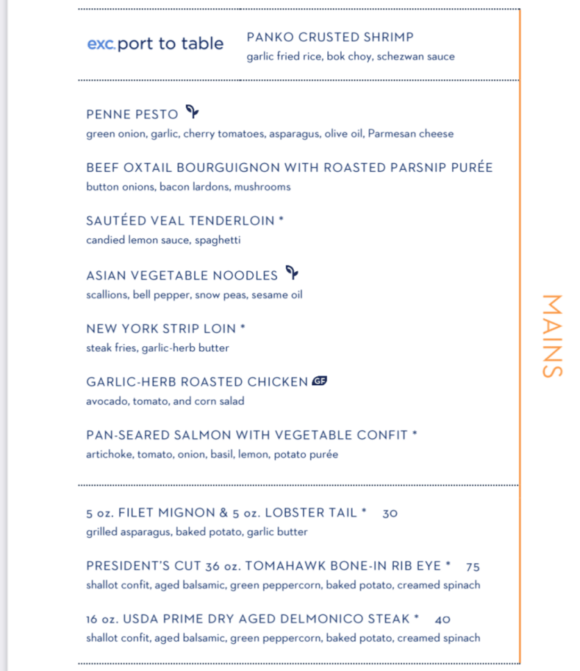 Main dining room ms Westerdam menu