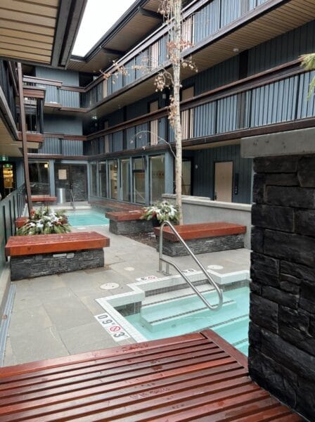 Hot tubs and fireplace at Banff Aspen Lodge