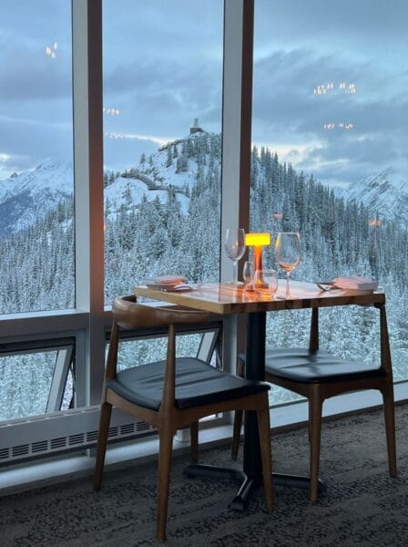 tableside window at Sky Bistro restaurant at the top of Summit Mountain