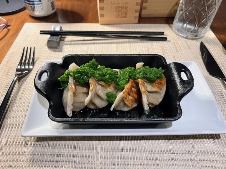 Pork dumplings at Morimoto at Sea