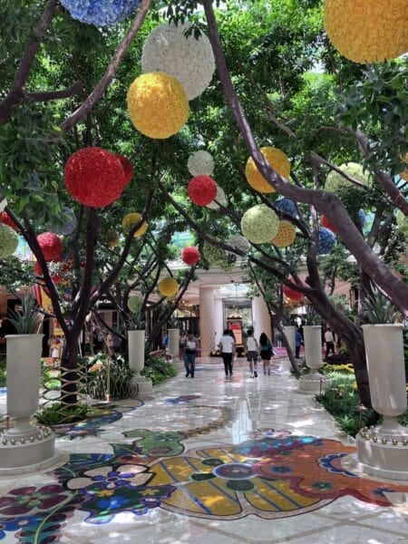 Wynn lobby with hanging orbs and fragrant florals