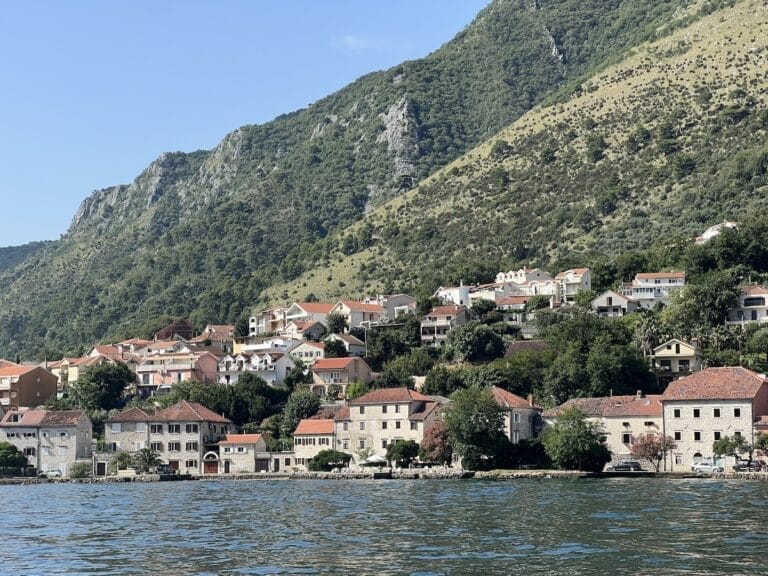 view of Perast from the water in Bay of Kotor