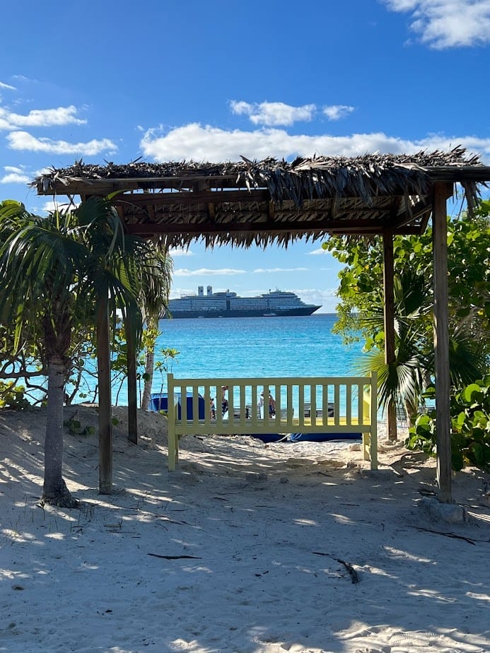 shaded spot with view of the ship