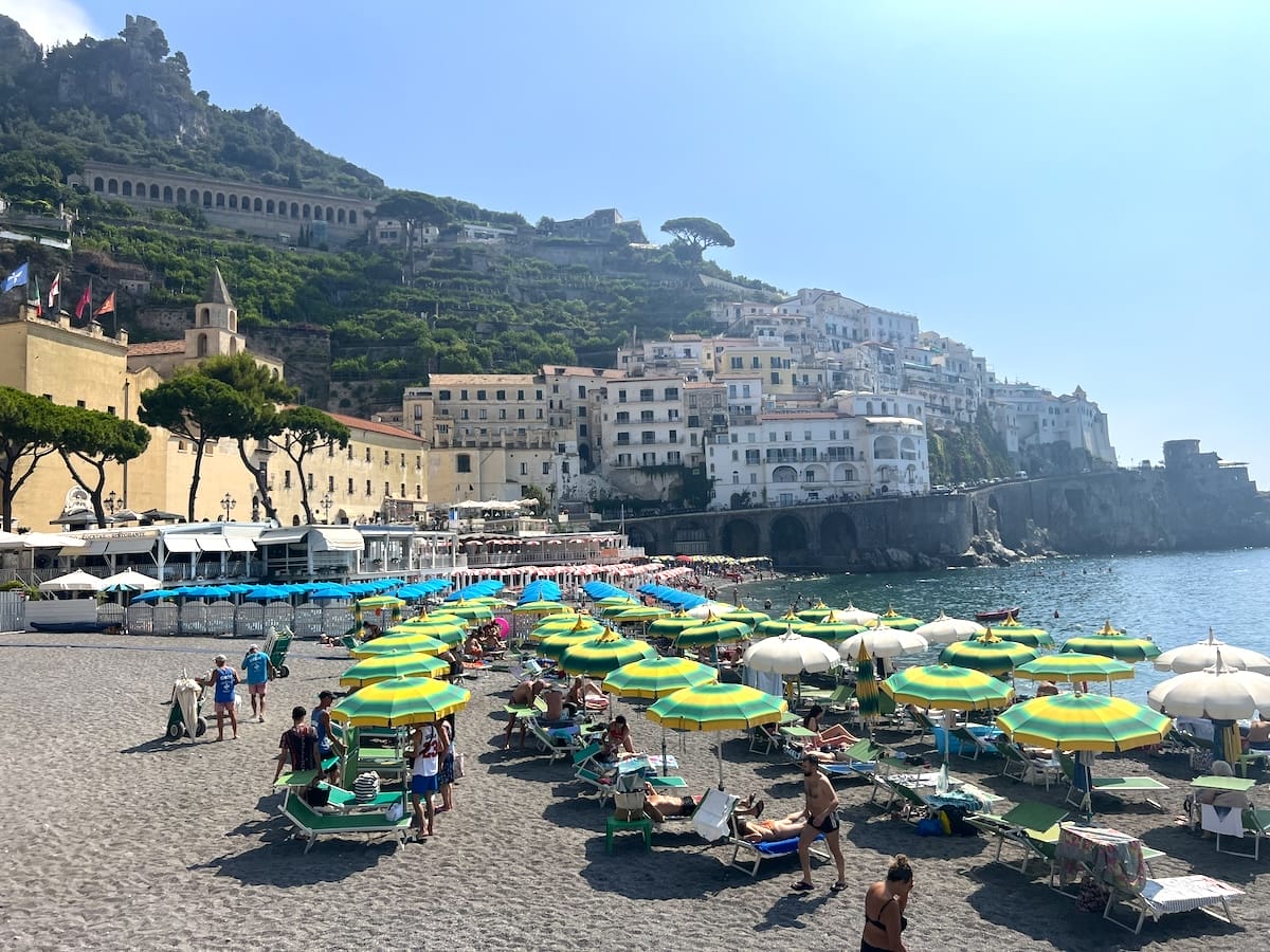 Amalfi beach with colorful umbrellas