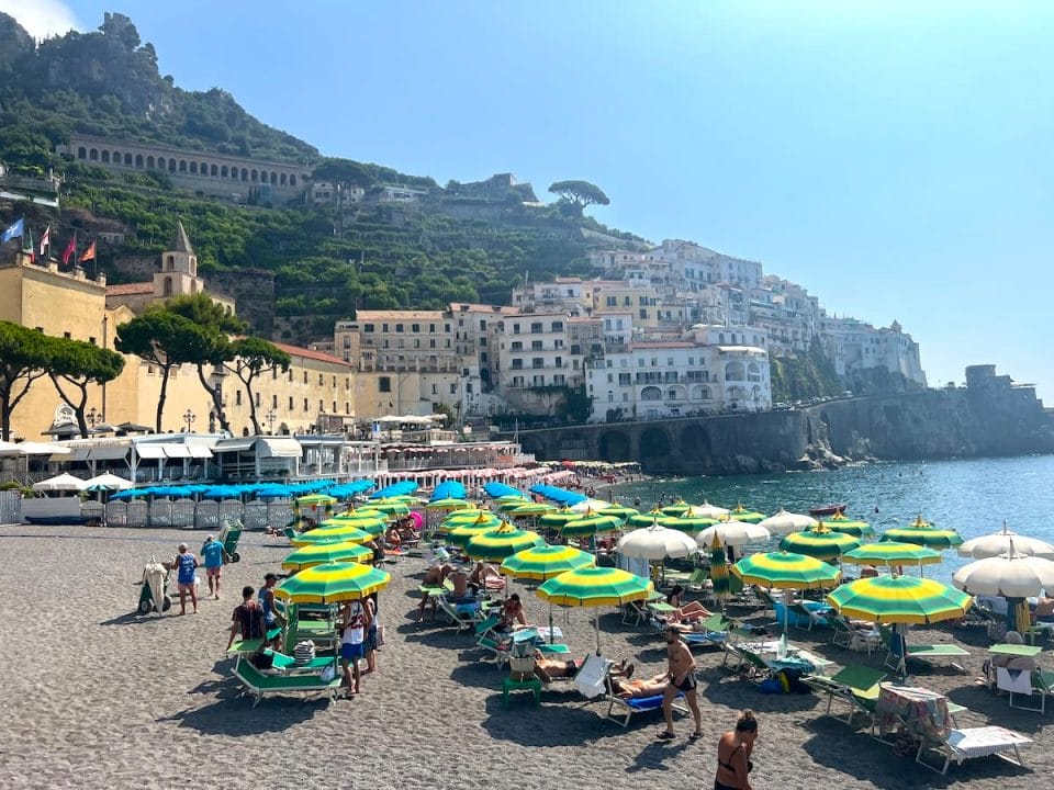 Amalfi beach with colorful umbrellas