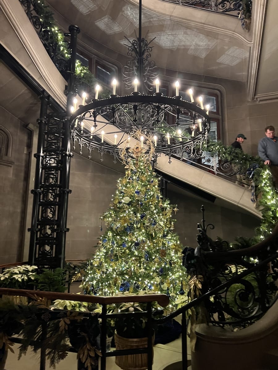 Christmas tree with large lights at Biltmore